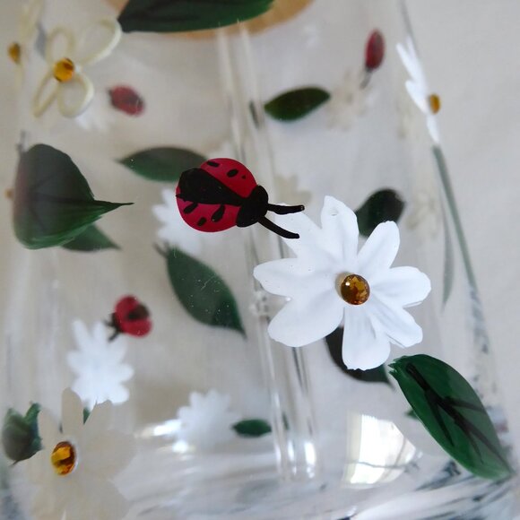NEW 16oz HAND PAINTED DAISY FLOWER LADY BUGS BEJEWELED GLASS SIPPER W/ STRAW - Picture 9 of 13